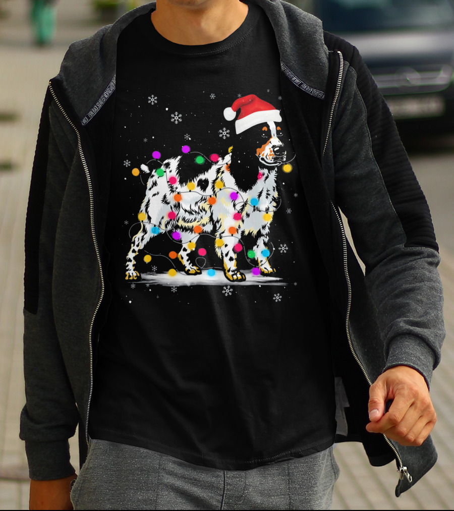 Cocker Spaniel Dog With Christmas Lights Santa Hat Snowflakes T-Shirt