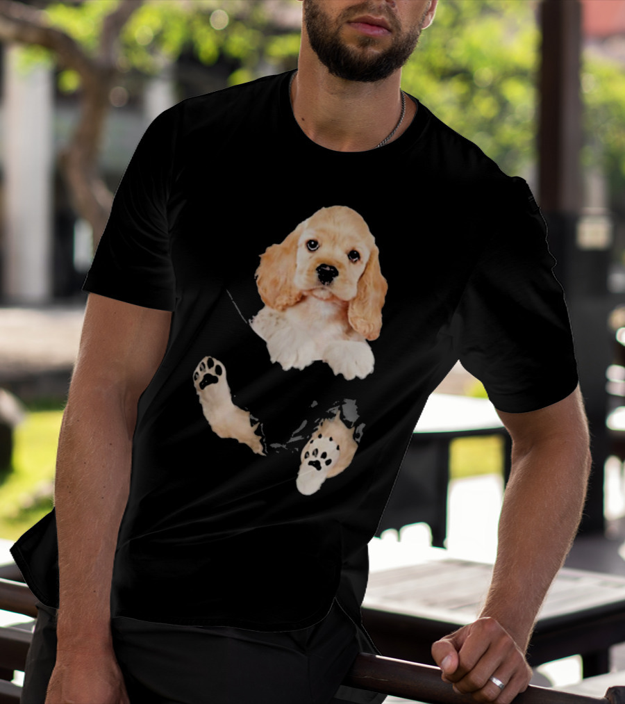 Cocker Spaniel Puppy With Paws Peeking From Pocket T-Shirt