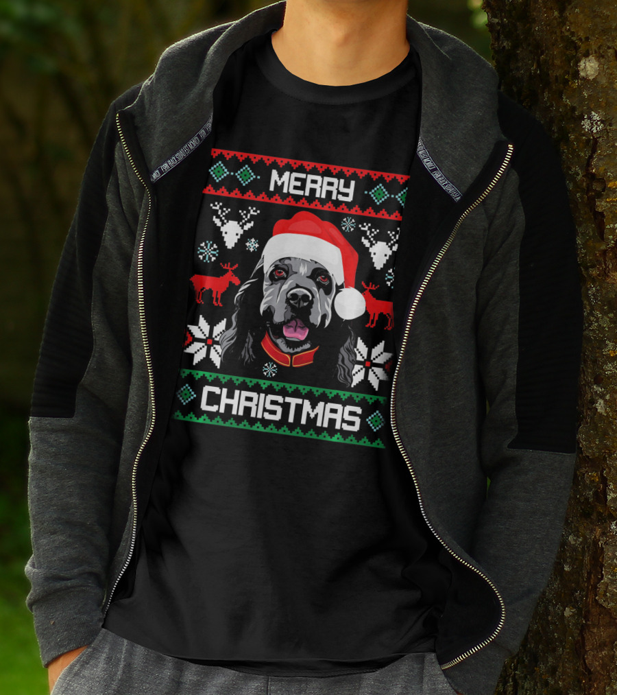 Merry Christmas Cocker Spaniel Dog Santa Hat Retro Holiday T-Shirt