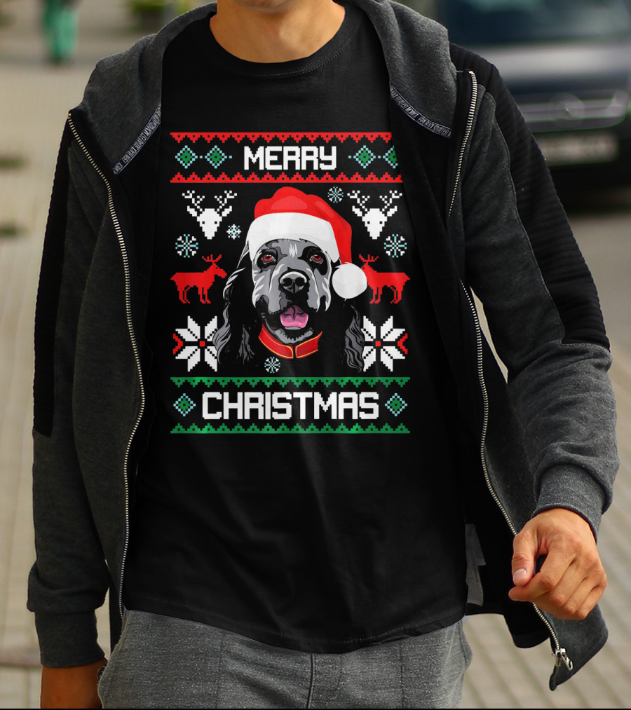 Merry Christmas Cocker Spaniel Dog Santa Hat Retro Holiday T-Shirt