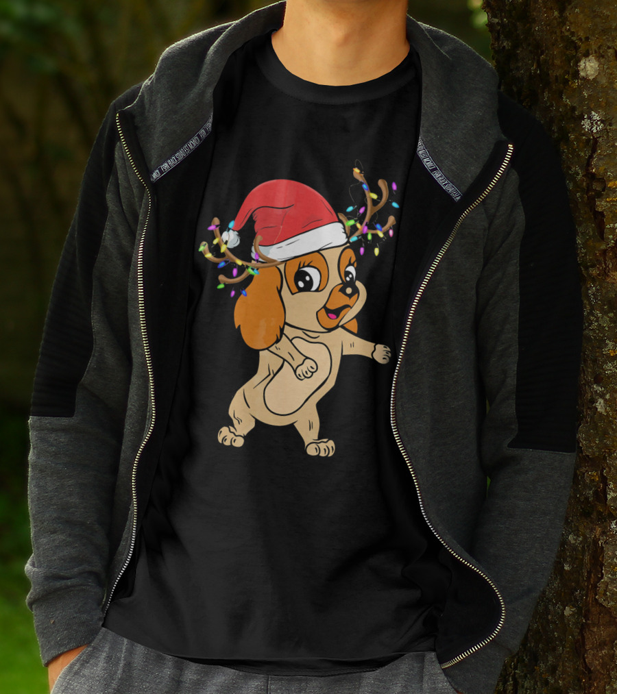 Cocker Spaniel Reindeer Christmas Funny Dog With Santa Hat And Festive Antlers T-Shirt