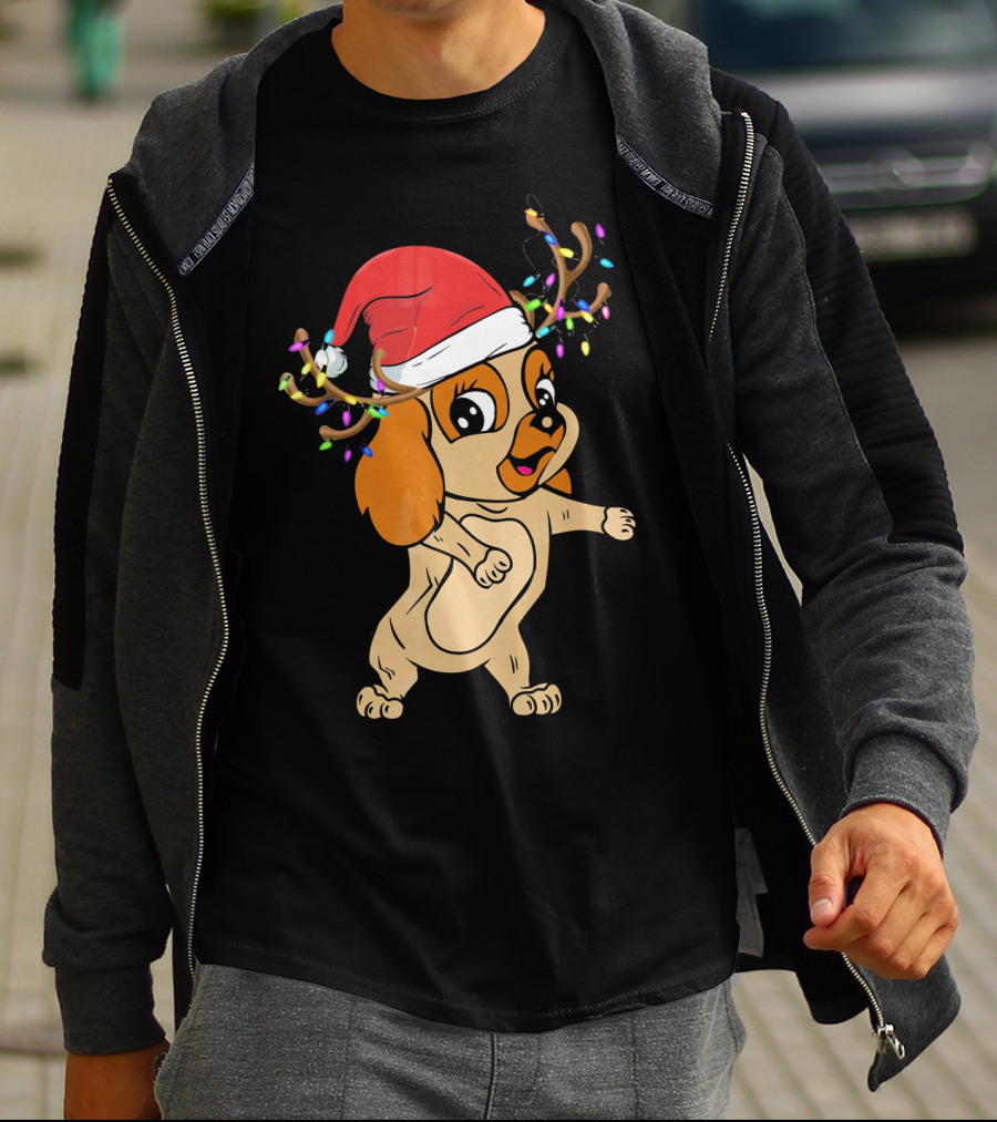 Cocker Spaniel Reindeer Christmas Funny Dog With Santa Hat And Festive Antlers T-Shirt
