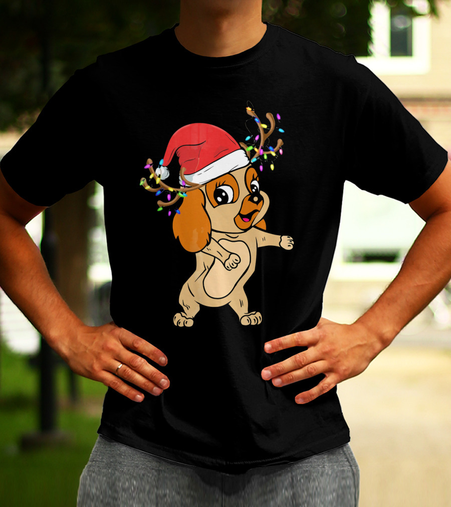 Cocker Spaniel Reindeer Christmas Funny Dog With Santa Hat And Festive Antlers T-Shirt