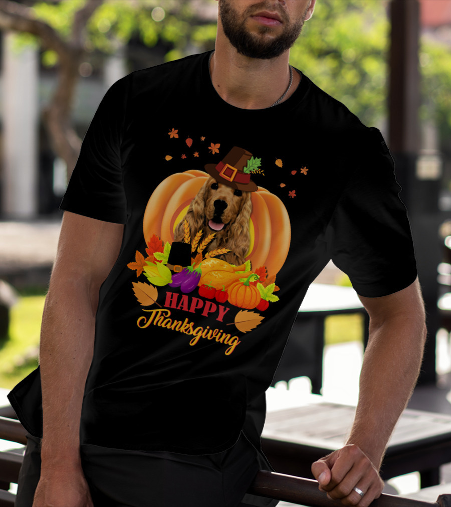 Happy Thanksgiving Cocker Spaniel With Pumpkins And Autumn Harvest T-Shirt