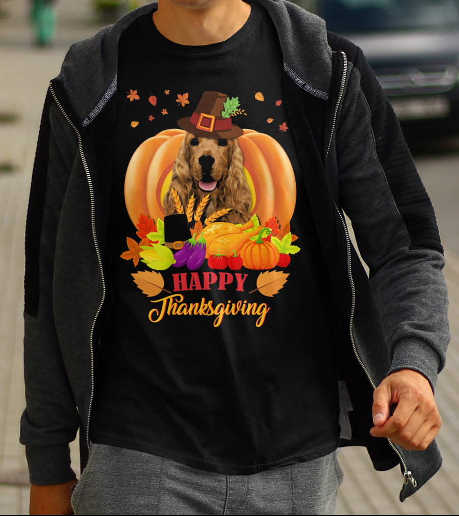 Happy Thanksgiving Cocker Spaniel With Pumpkins And Autumn Harvest T-Shirt