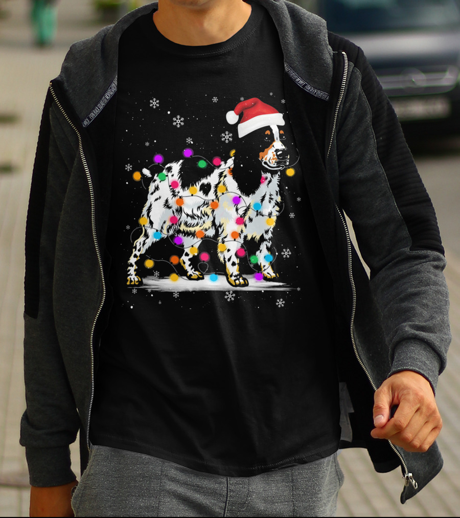 Cocker Spaniel Santa Hat Christmas Lights Snowflakes T-Shirt