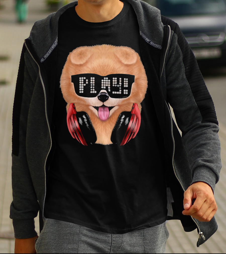 Cream Pomeranian Dog DJ In Sunglass With Play Headphones T-Shirt