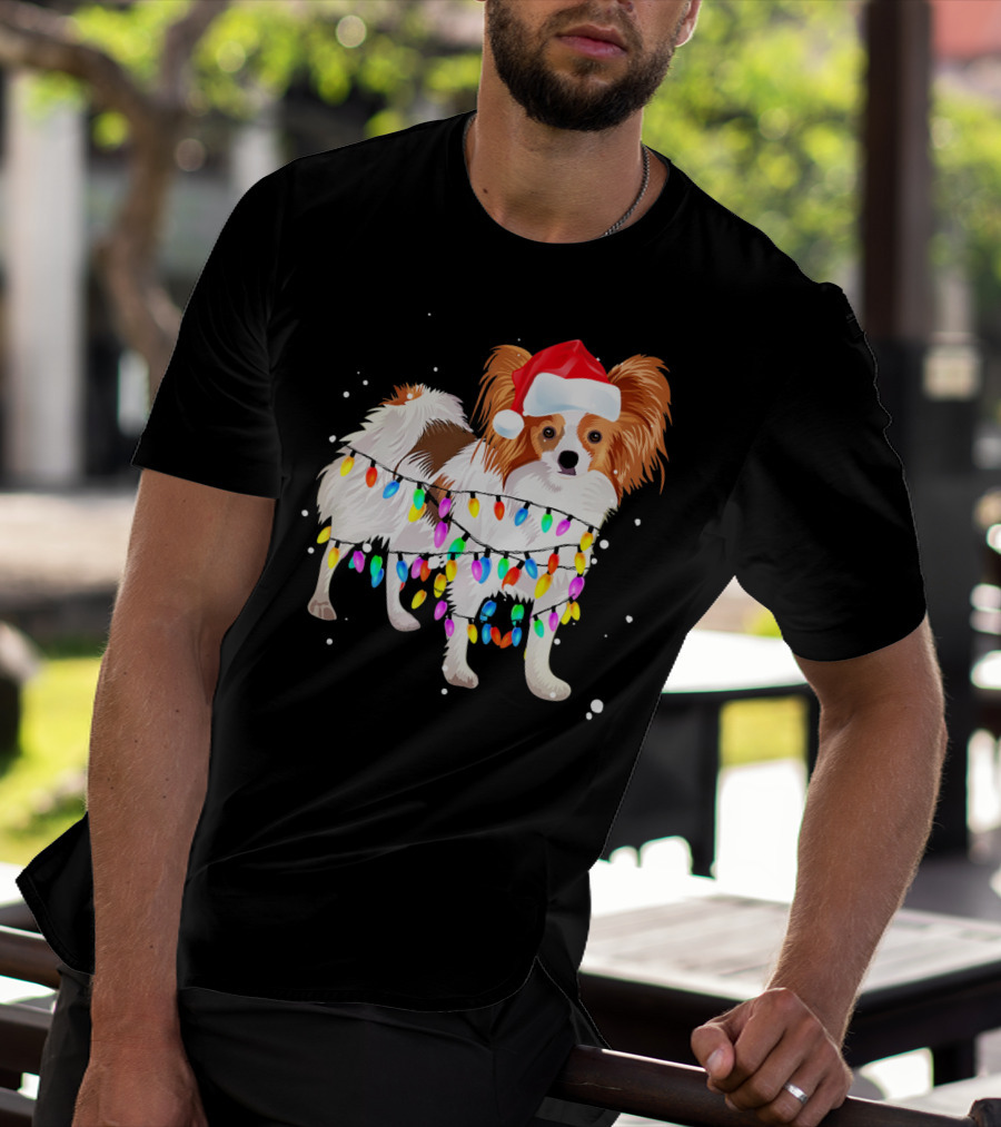 Papillon Dog Wrapped In Christmas Lights Wearing Santa Hat T-Shirt