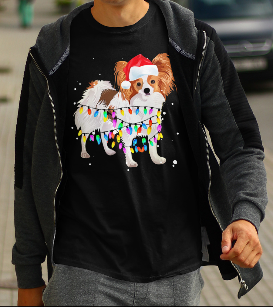 Papillon Dog Wrapped In Christmas Lights Wearing Santa Hat T-Shirt