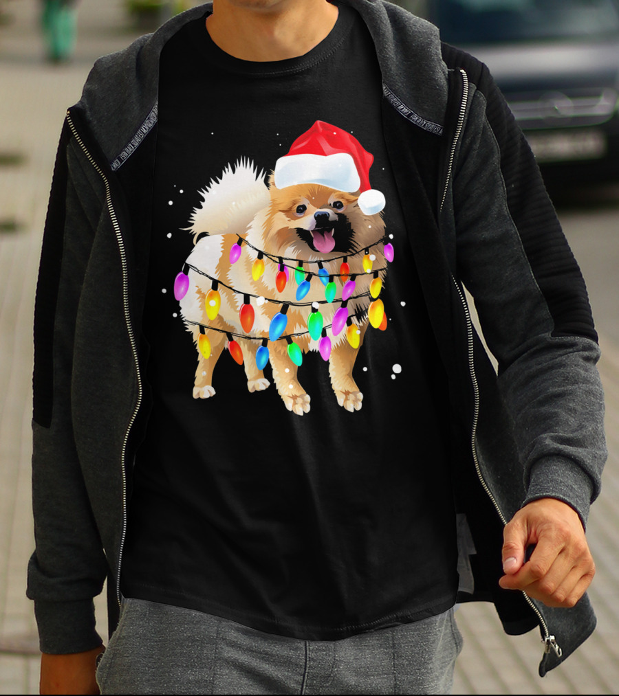 Pomeranian With Santa Hat And Colorful Christmas Lights T-Shirt