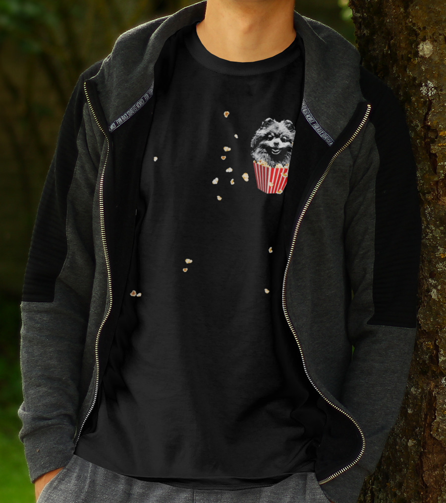 Smiling Pomeranian In Popcorn Box With Popping Kernels T-Shirt