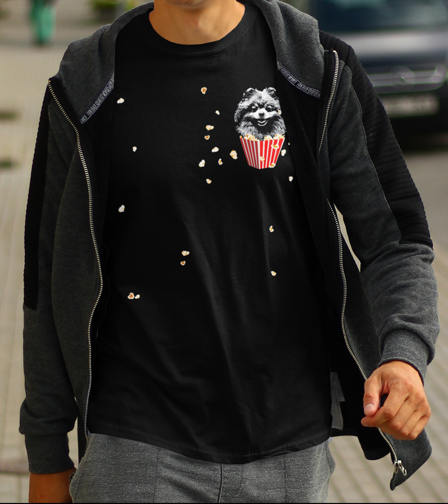 Smiling Pomeranian In Popcorn Box With Popping Kernels T-Shirt