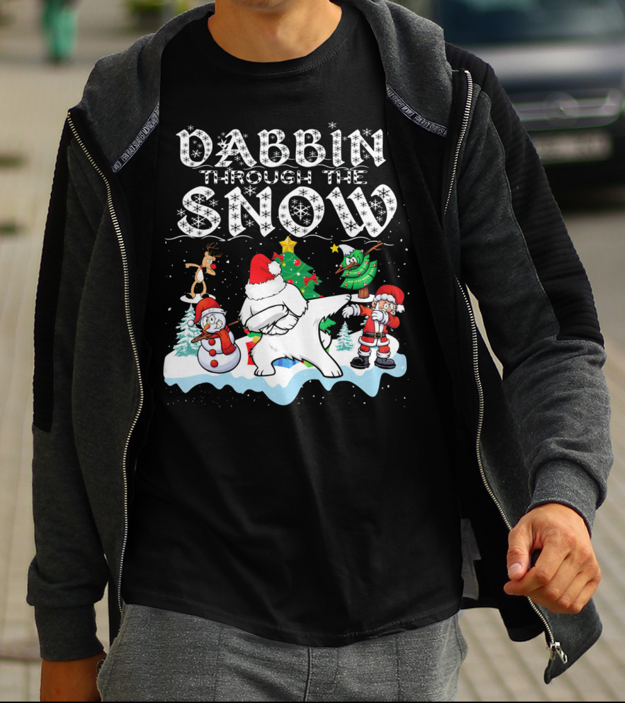 Dabbin Through The Snow Santa Maltese Dog Snowman Christmas Tree T-Shirt