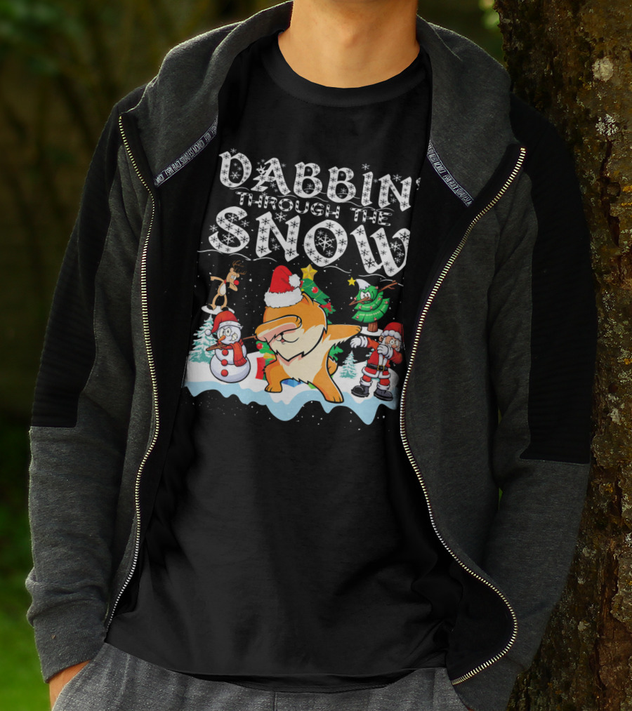 Dabbin Through The Snow Pomeranian Dog With Santa Snowman And Reindeer T-Shirt
