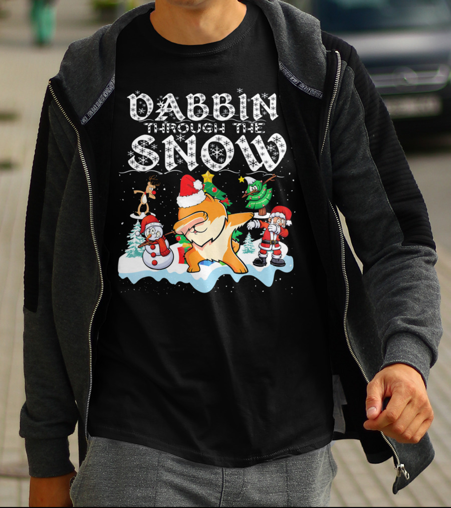 Dabbin Through The Snow Pomeranian Dog With Santa Snowman And Reindeer T-Shirt