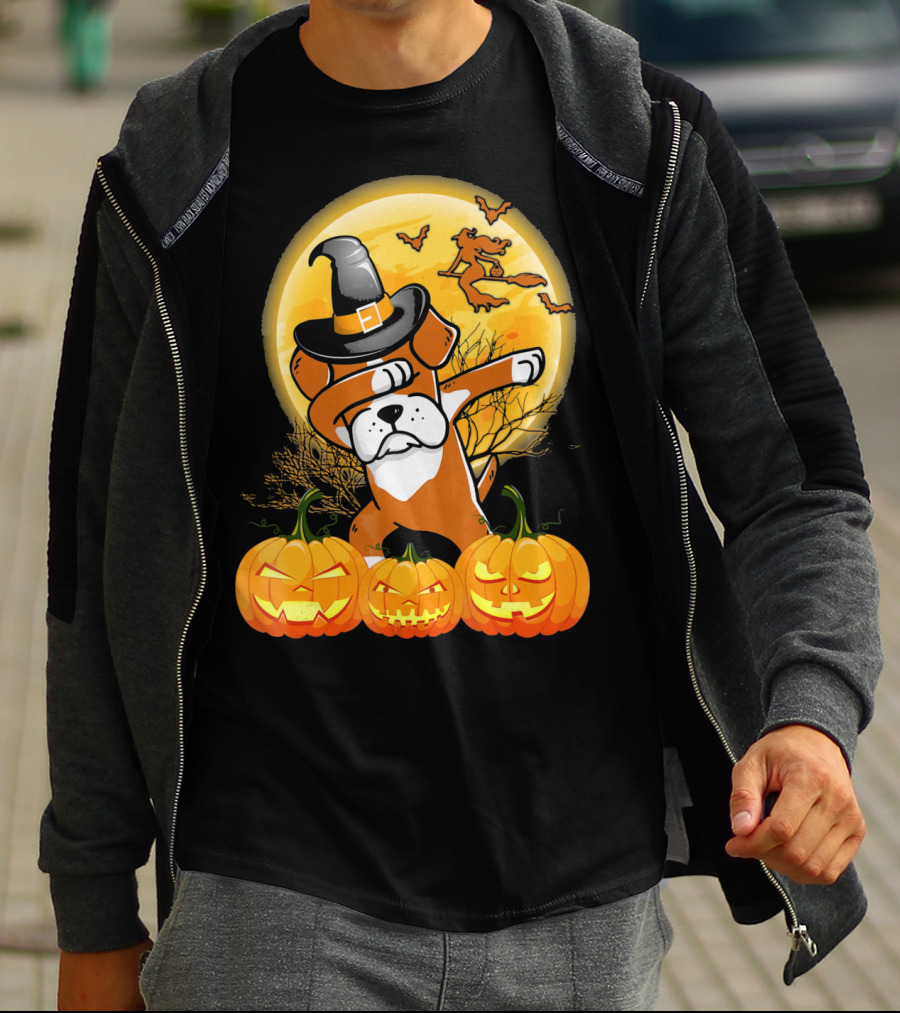Halloween Dabbing Boxer Dog Witch Hat Pumpkins Bats Moon T-Shirt