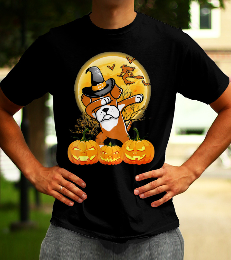 Halloween Dabbing Boxer Dog Witch Hat Pumpkins Bats Moon T-Shirt