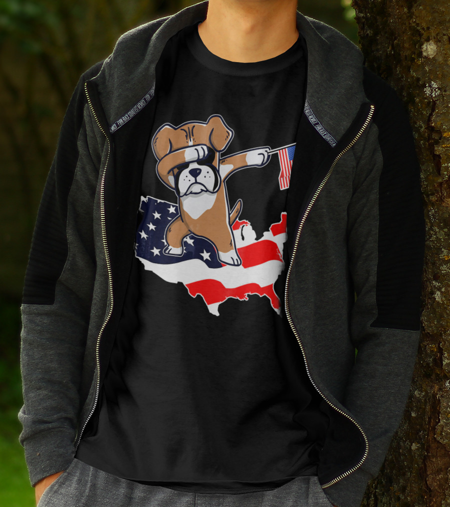 Dabbing Boxer Dog With American Flag Map Background T-Shirt