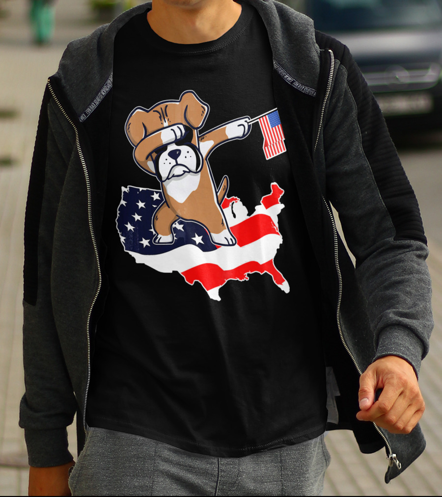 Dabbing Boxer Dog With American Flag Map Background T-Shirt