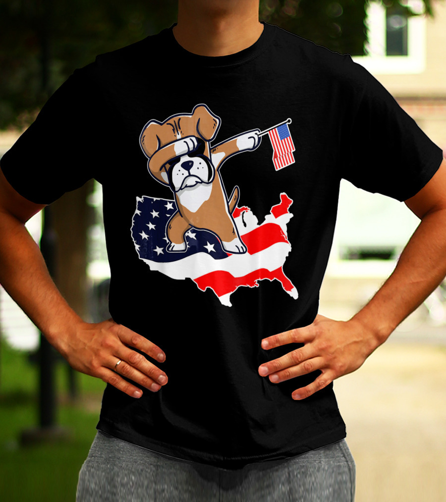 Dabbing Boxer Dog With American Flag Map Background T-Shirt