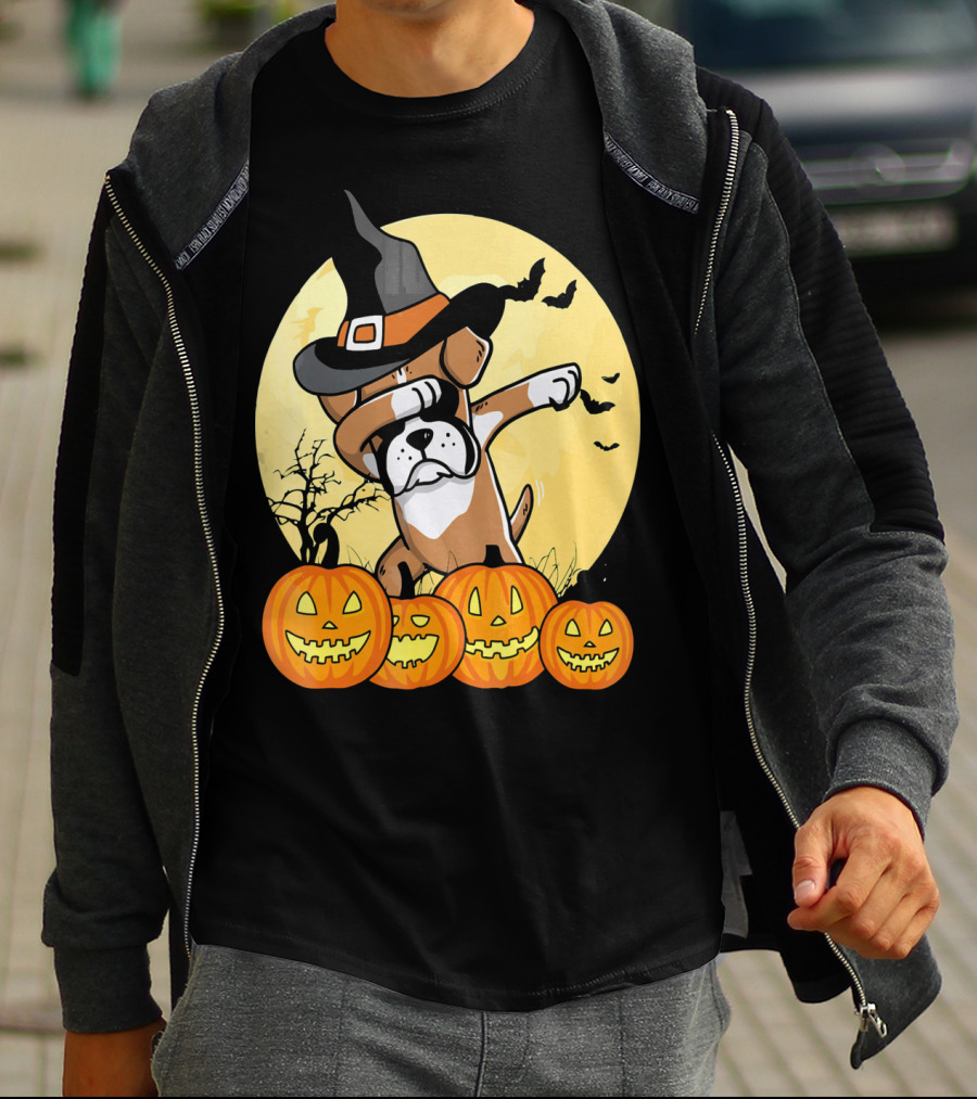 Dabbing Boxer Dog Witch Hat Pumpkin Halloween Dab Dance T-Shirt