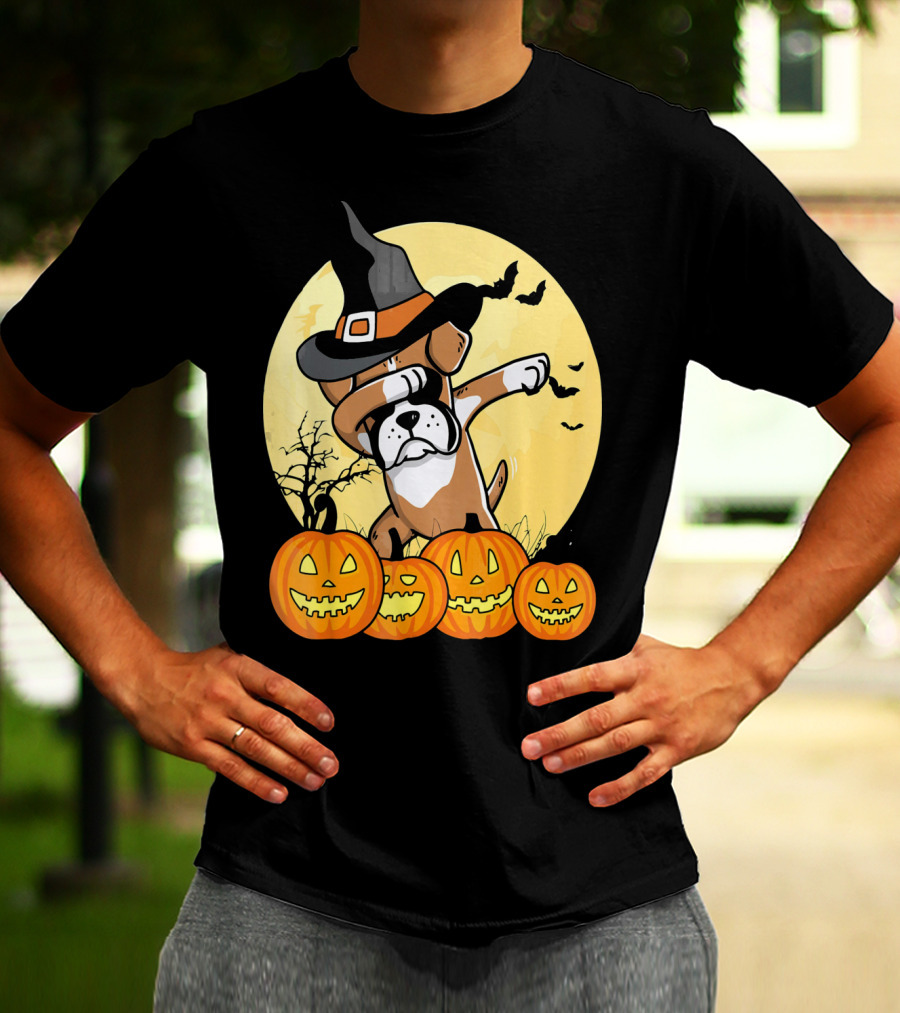 Dabbing Boxer Dog Witch Hat Pumpkin Halloween Dab Dance T-Shirt