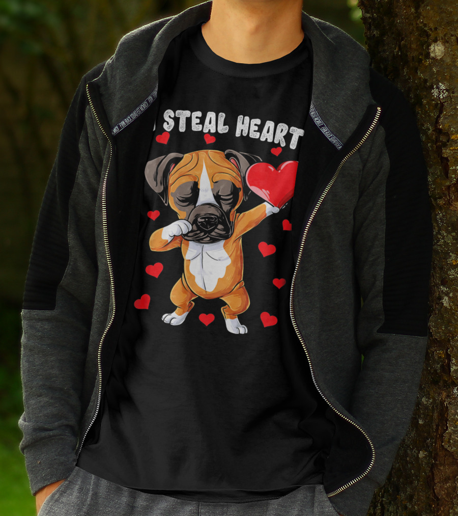 Dabbing Boxer Dog Holding Red Heart I Steal Hearts T-Shirt