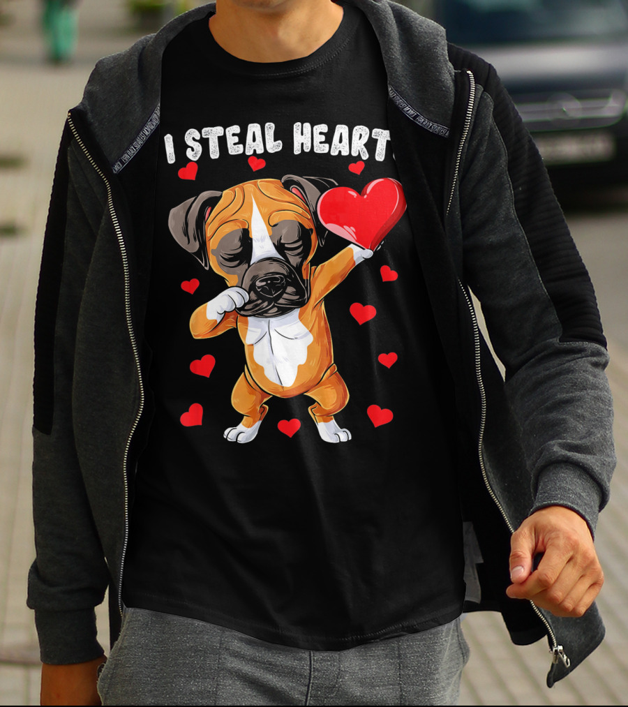 Dabbing Boxer Dog Holding Red Heart I Steal Hearts T-Shirt