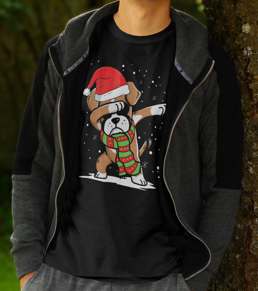 Festive Dabbing Boxer Dog In Santa Hat And Scarf For Christmas Dog Lovers T-Shirt