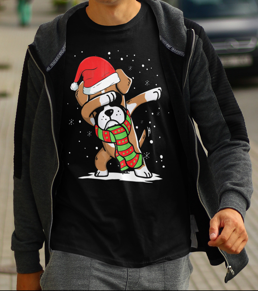 Festive Dabbing Boxer Dog In Santa Hat And Scarf For Christmas Dog Lovers T-Shirt