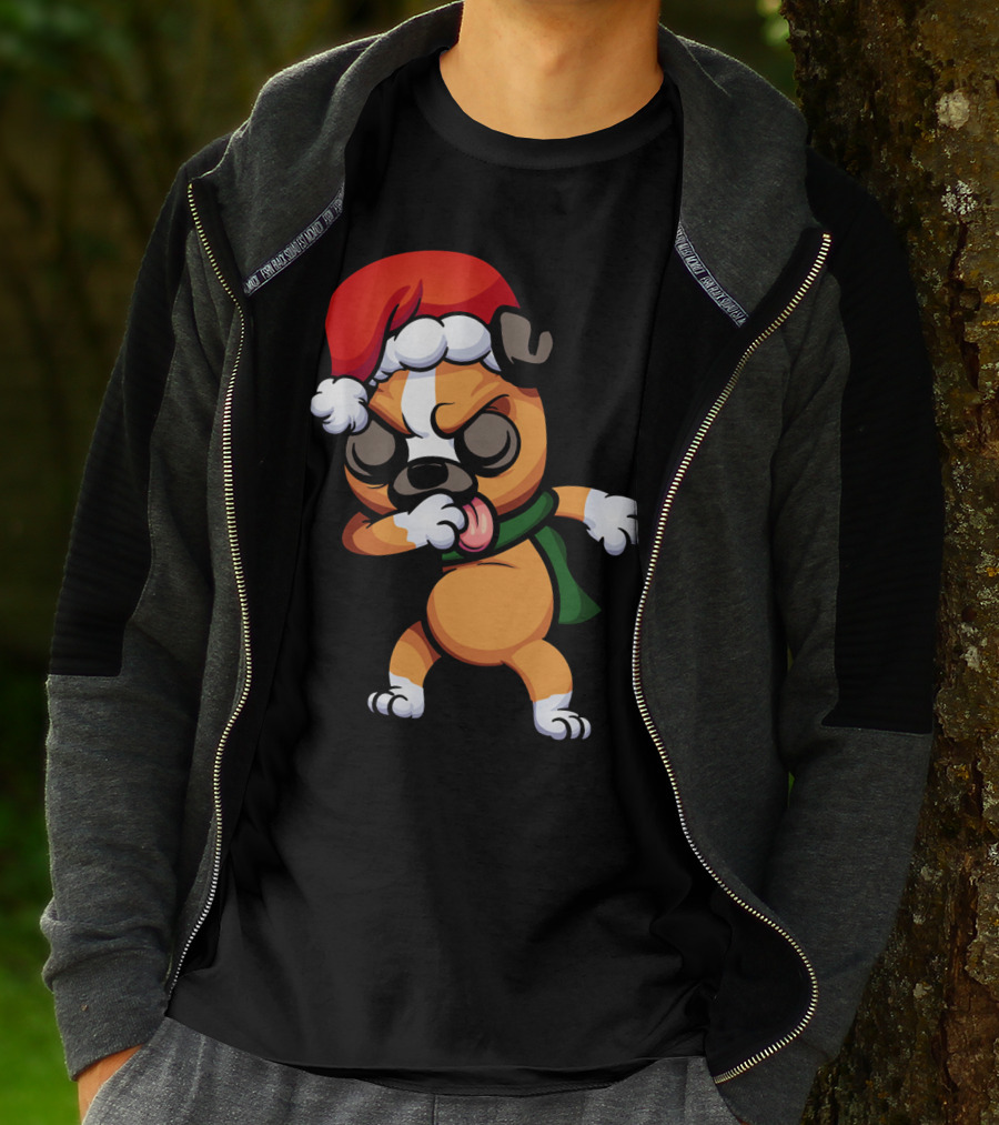 Dabbing Boxer Santa Dog Cartoon With Christmas Hat And Scarf T-Shirt