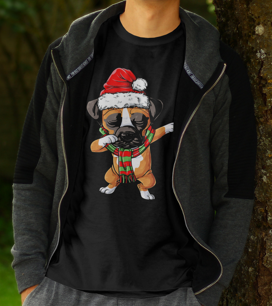 Boxer Dog Dabbing Santa Hat Christmas Scarf T-Shirt