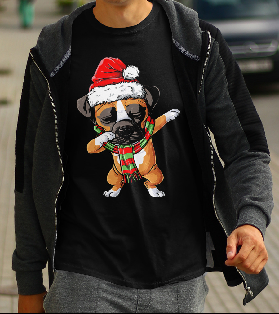 Boxer Dog Dabbing Santa Hat Christmas Scarf T-Shirt