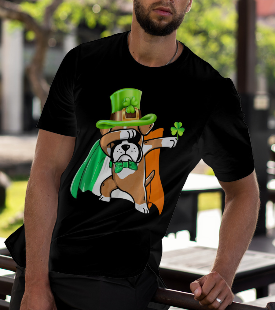Lucky Boxer Dabbing With Irish Flag And Shamrock Hat T-Shirt