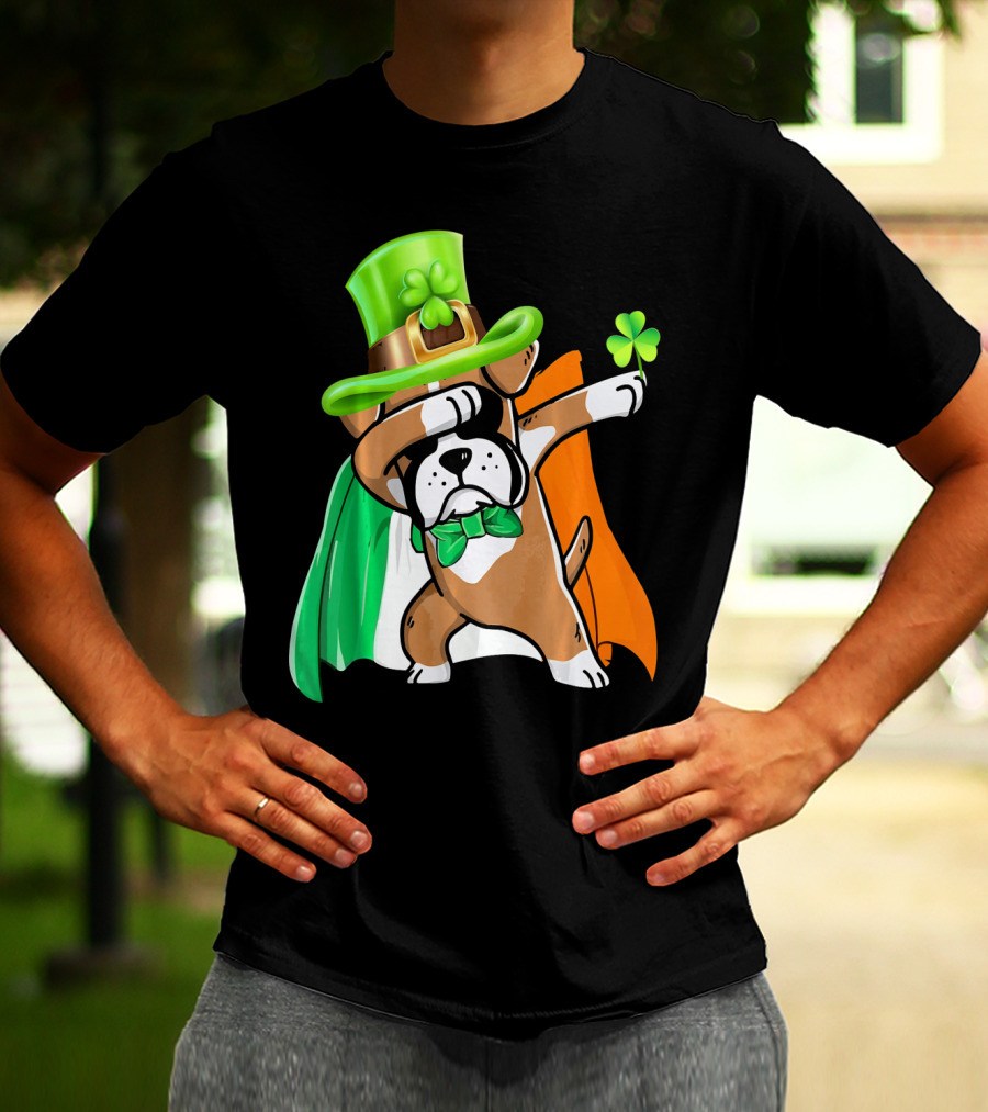 Lucky Boxer Dabbing With Irish Flag And Shamrock Hat T-Shirt