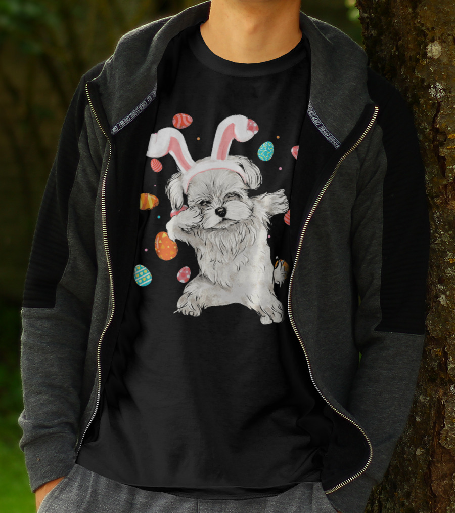 Dabbing Maltese Dog With Easter Bunny Ears And Colorful Eggs T-Shirt