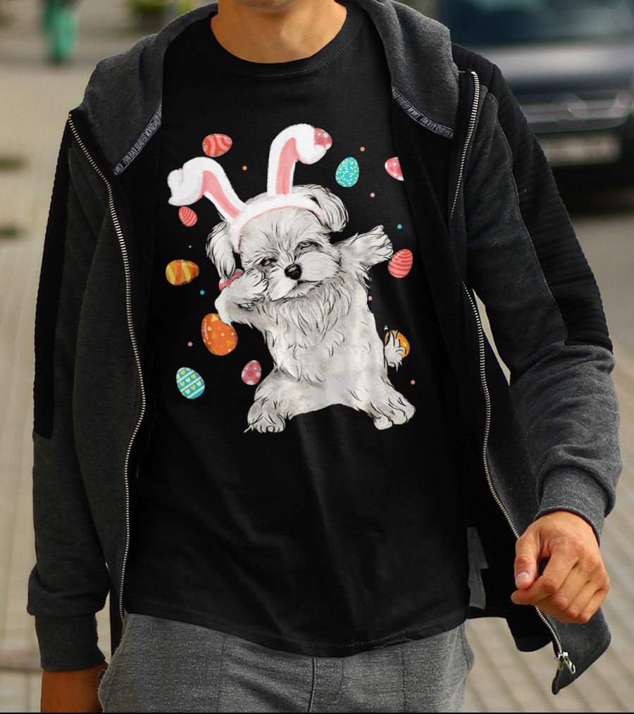 Dabbing Maltese Dog With Easter Bunny Ears And Colorful Eggs T-Shirt