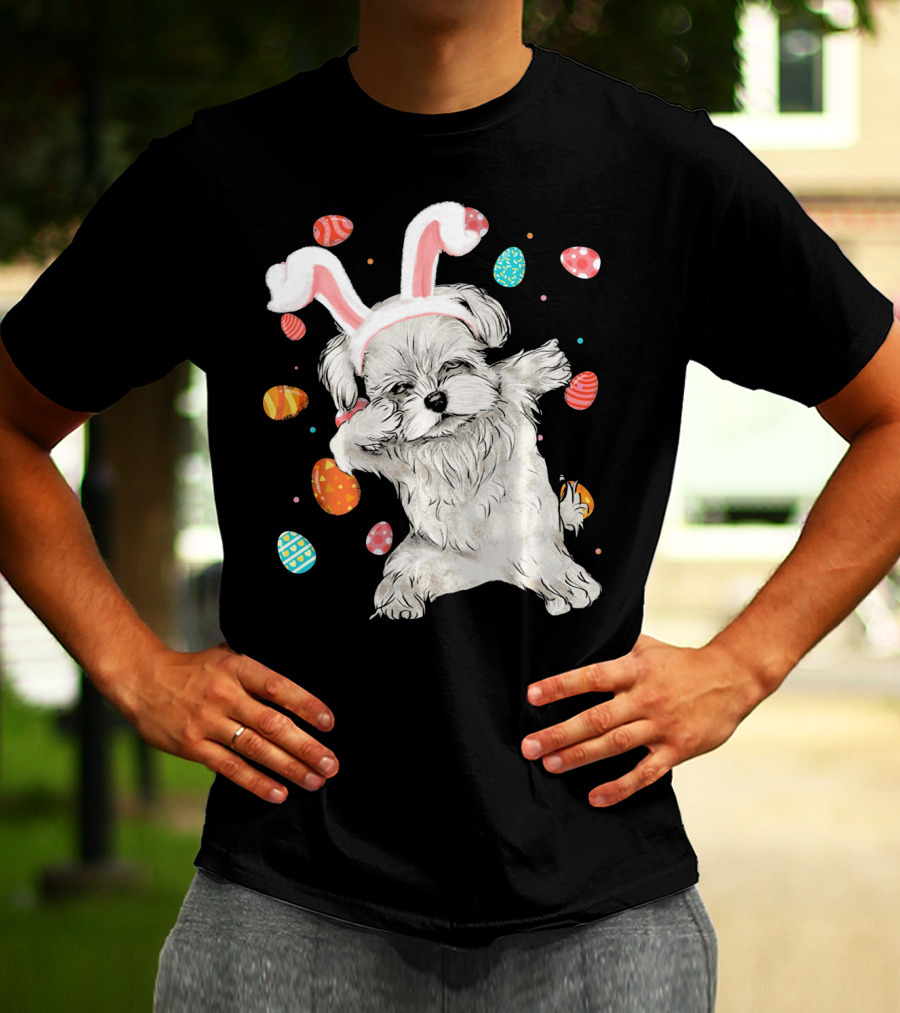 Dabbing Maltese Dog With Easter Bunny Ears And Colorful Eggs T-Shirt