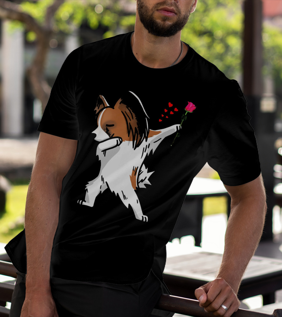 Dabbing Papillon Dog Holding Rose With Hearts For Valentines Day T-Shirt