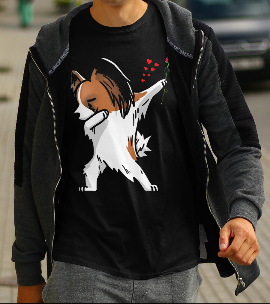 Dabbing Papillon Dog Holding Rose With Hearts For Valentines Day T-Shirt