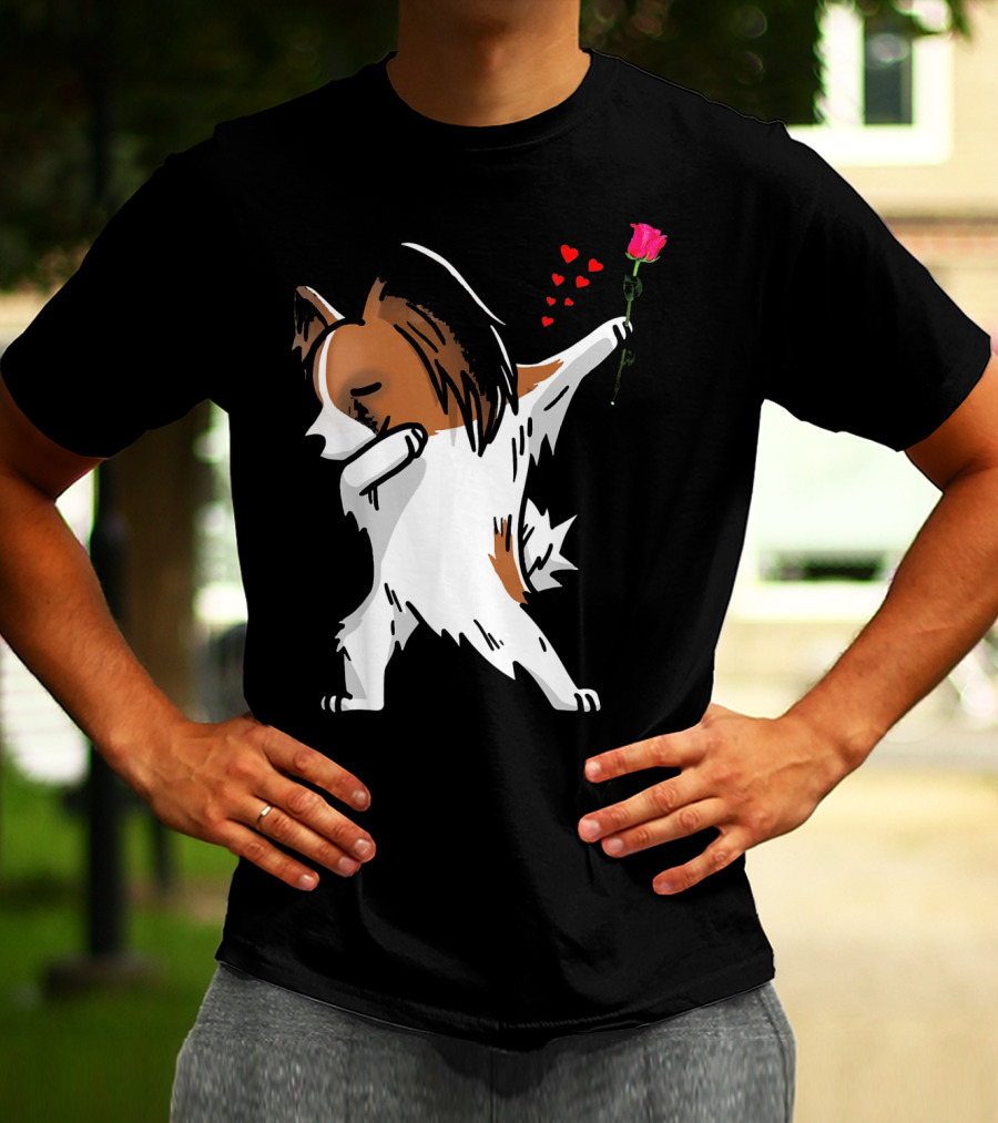 Dabbing Papillon Dog Holding Rose With Hearts For Valentines Day T-Shirt