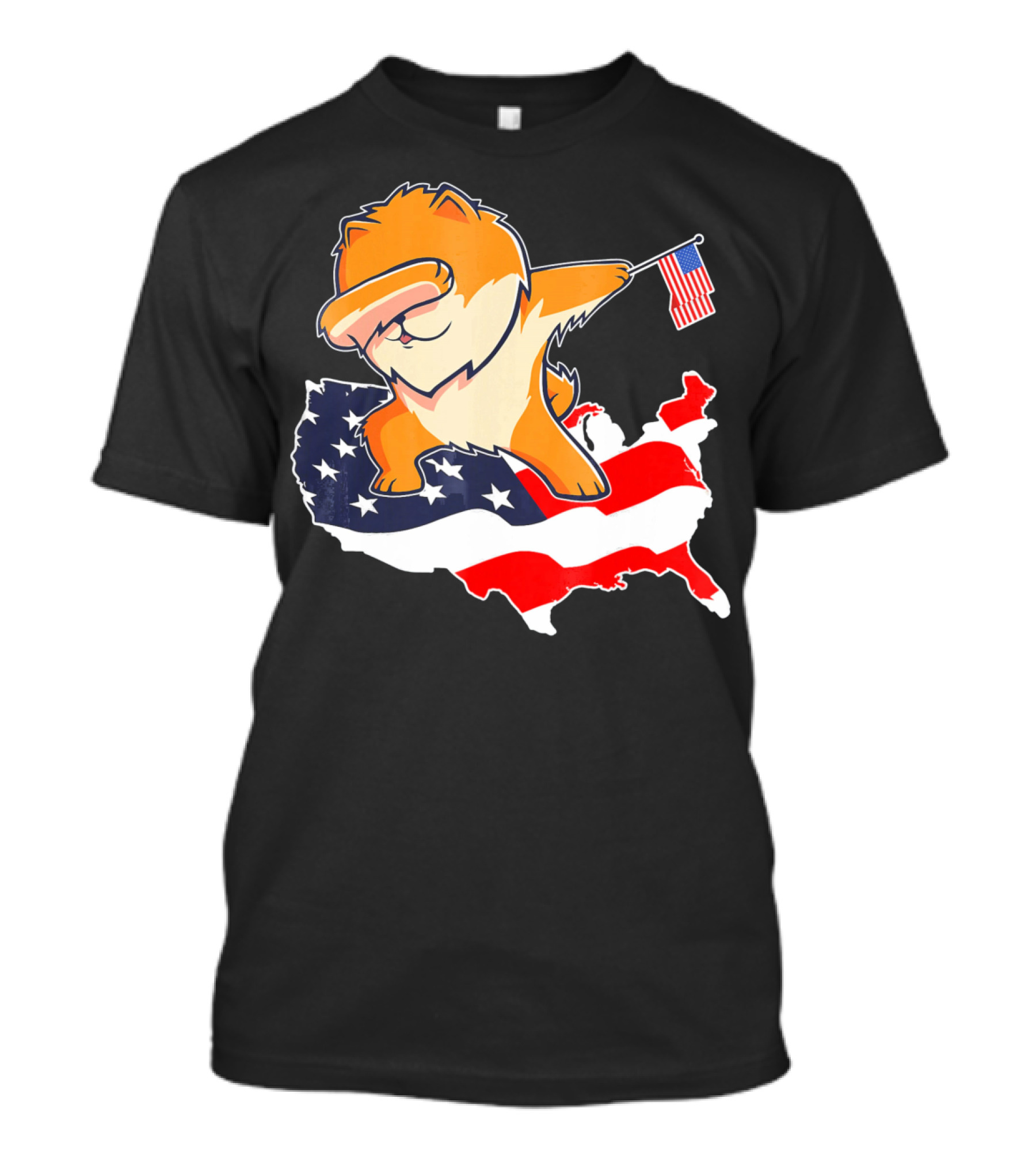 Funny Dabbing Pomeranian Holding American Flag On USA Map T-Shirt
