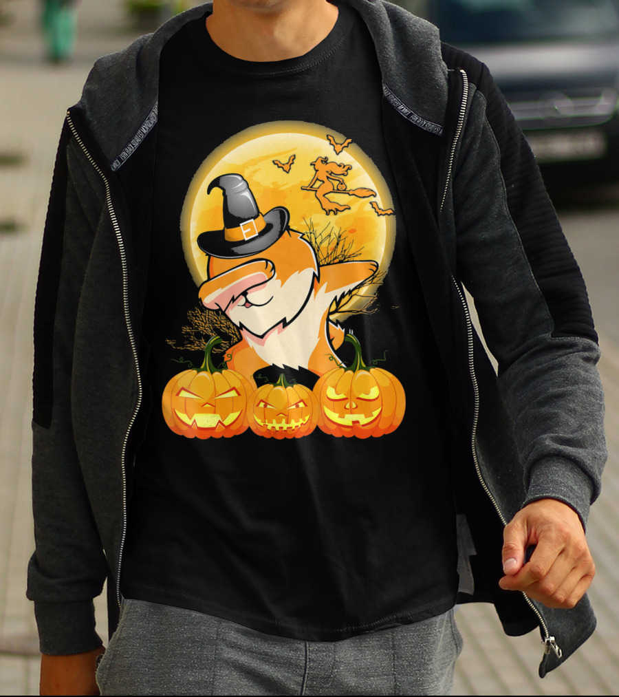 Dabbing Pomeranian Dog Halloween Pumpkin Witch Moon T-Shirt