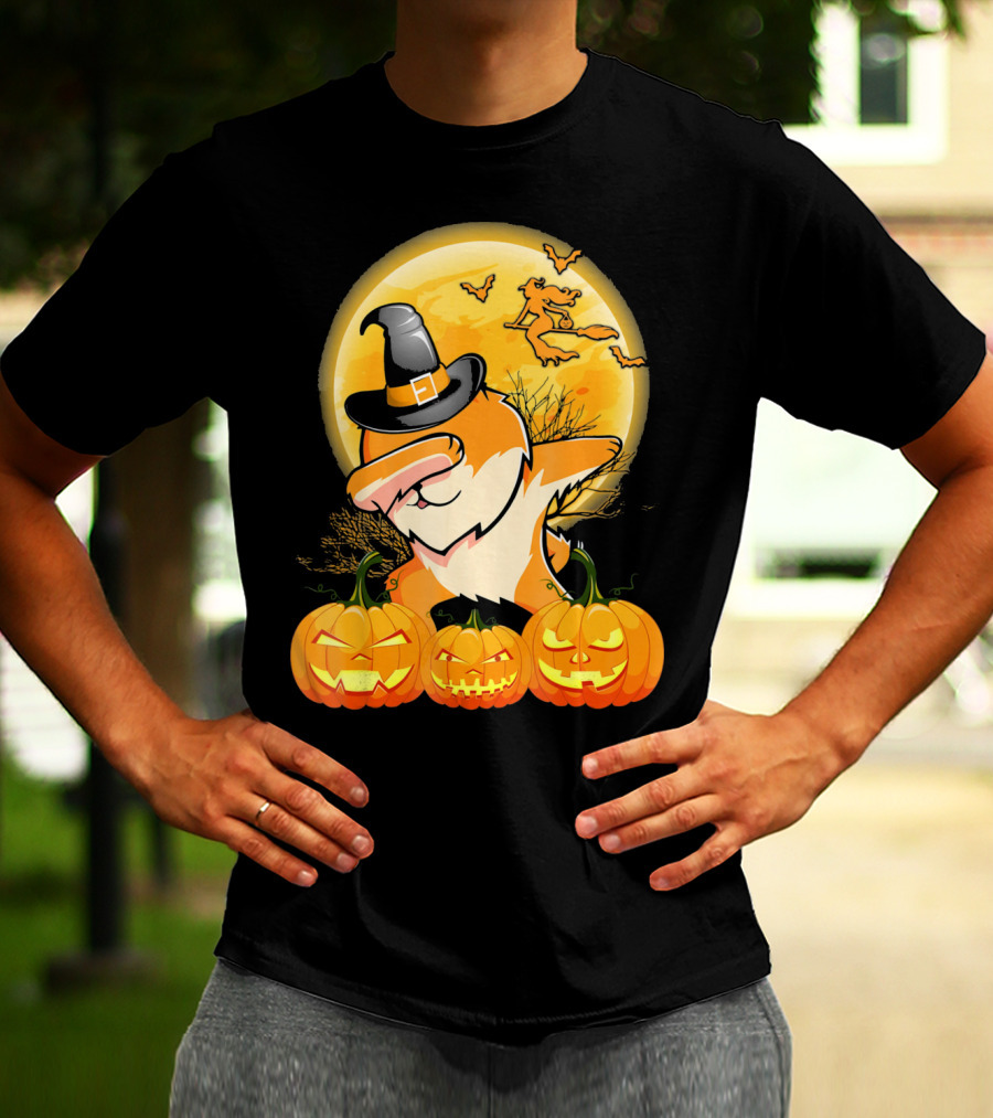 Dabbing Pomeranian Dog Halloween Pumpkin Witch Moon T-Shirt