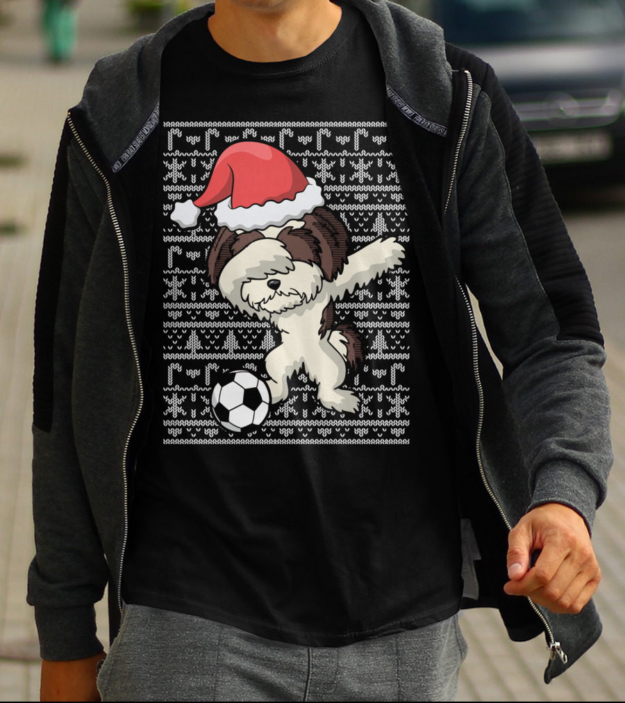 Santa Hat Dabbing Shih Tzu Soccer Ball Holiday Knit T-Shirt