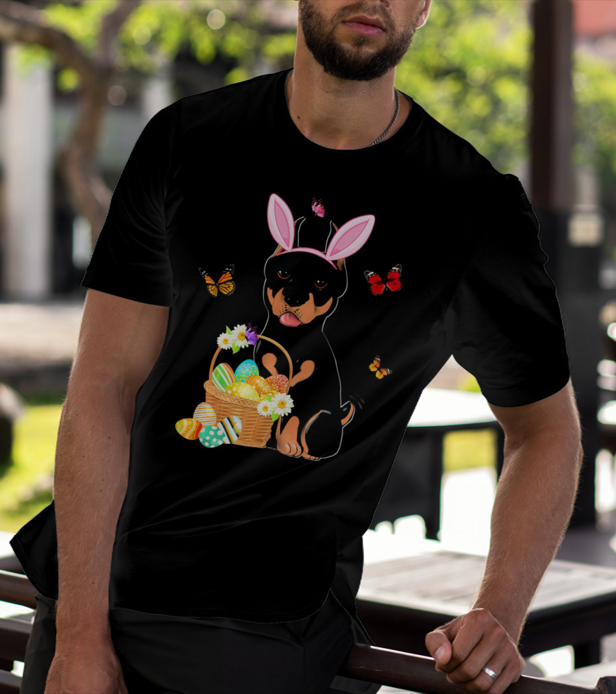 Doberman Bunny Hat Rabbit With Basket Of Easter Eggs And Butterflies T-Shirt
