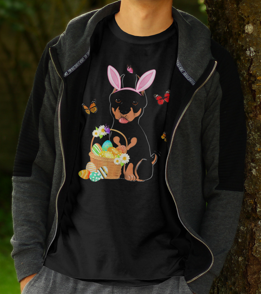 Doberman Bunny Hat Rabbit With Basket Of Easter Eggs And Butterflies T-Shirt