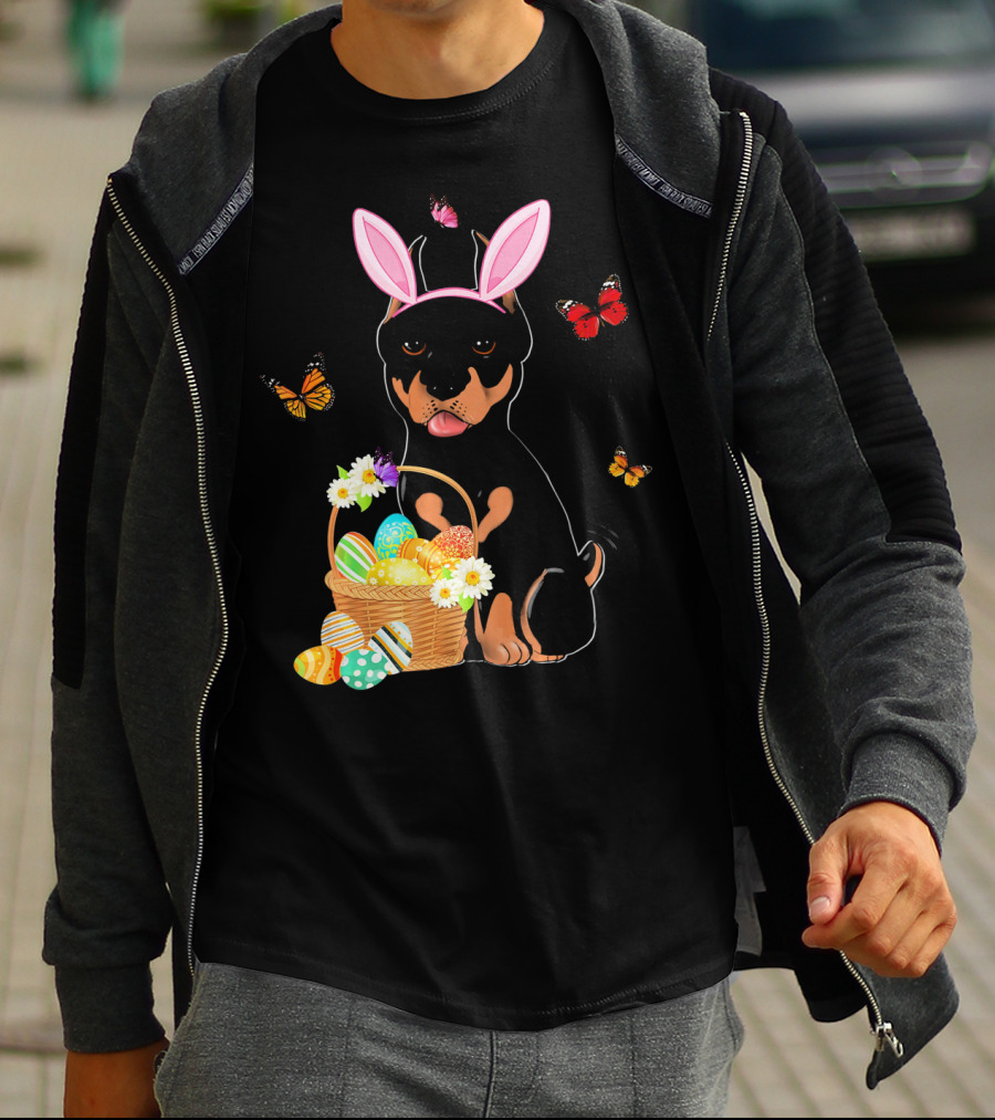Doberman Bunny Hat Rabbit With Basket Of Easter Eggs And Butterflies T-Shirt