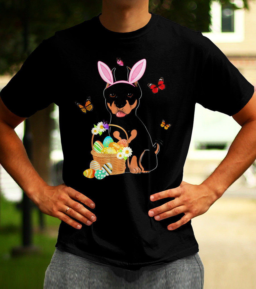 Doberman Bunny Hat Rabbit With Basket Of Easter Eggs And Butterflies T-Shirt