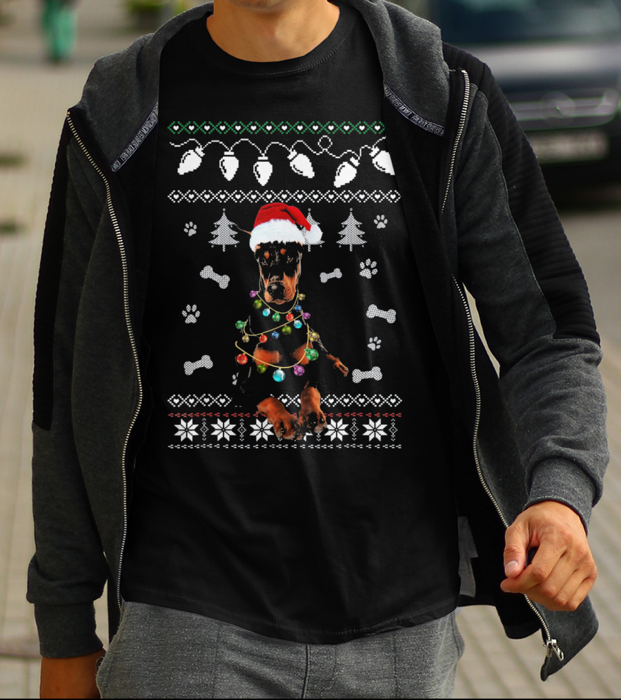 Doberman Festive Santa Hat Lights Christmas T-Shirt